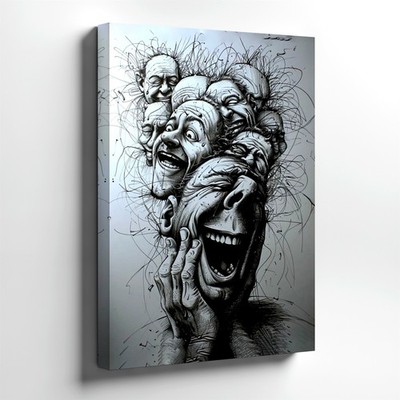 Wall Art Abstract Black White Laughing Faces Sketch Surreal Expression Print