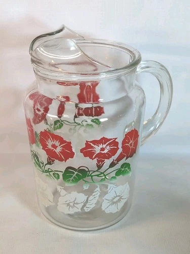 VINTAGE ANCHOR HOCKING CLEAR GLASS RED Green WHITE MORNING GLORY PITCHER Read