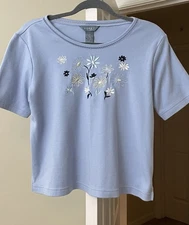 Koret Top Blue Daisy Floral Coastal Bohemian Knit Pullover Women's PM Medium