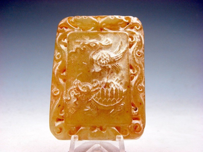 Old Nephrite Jade Stone Carved Pendant Crane Riding Dragon Turtle #11132406