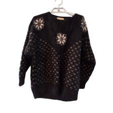 Hand knit sweater womens Large  black mohair angora  fuzzy pullover vintage