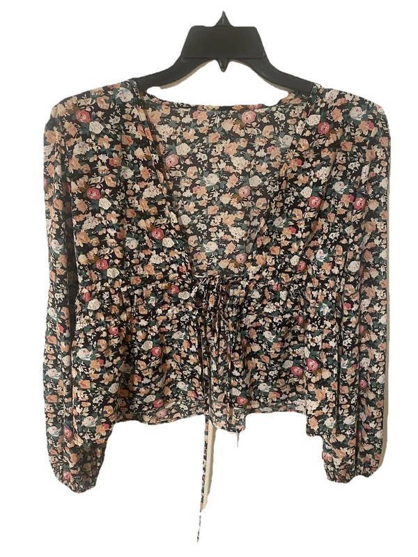  Multicolor Floral Cropped Tie Front Blouse Long Sleeve Casual Women’s Fashion 