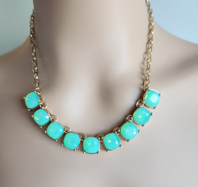 Express Aqua Green Glass Stone Necklace Gold Tone Tennis Style Collar