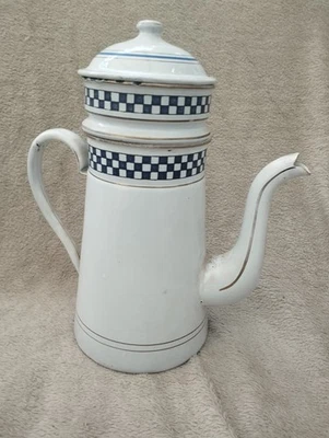 Ancienne Cafetière émaillée Damier bleu Lustucru - Photo 1/4