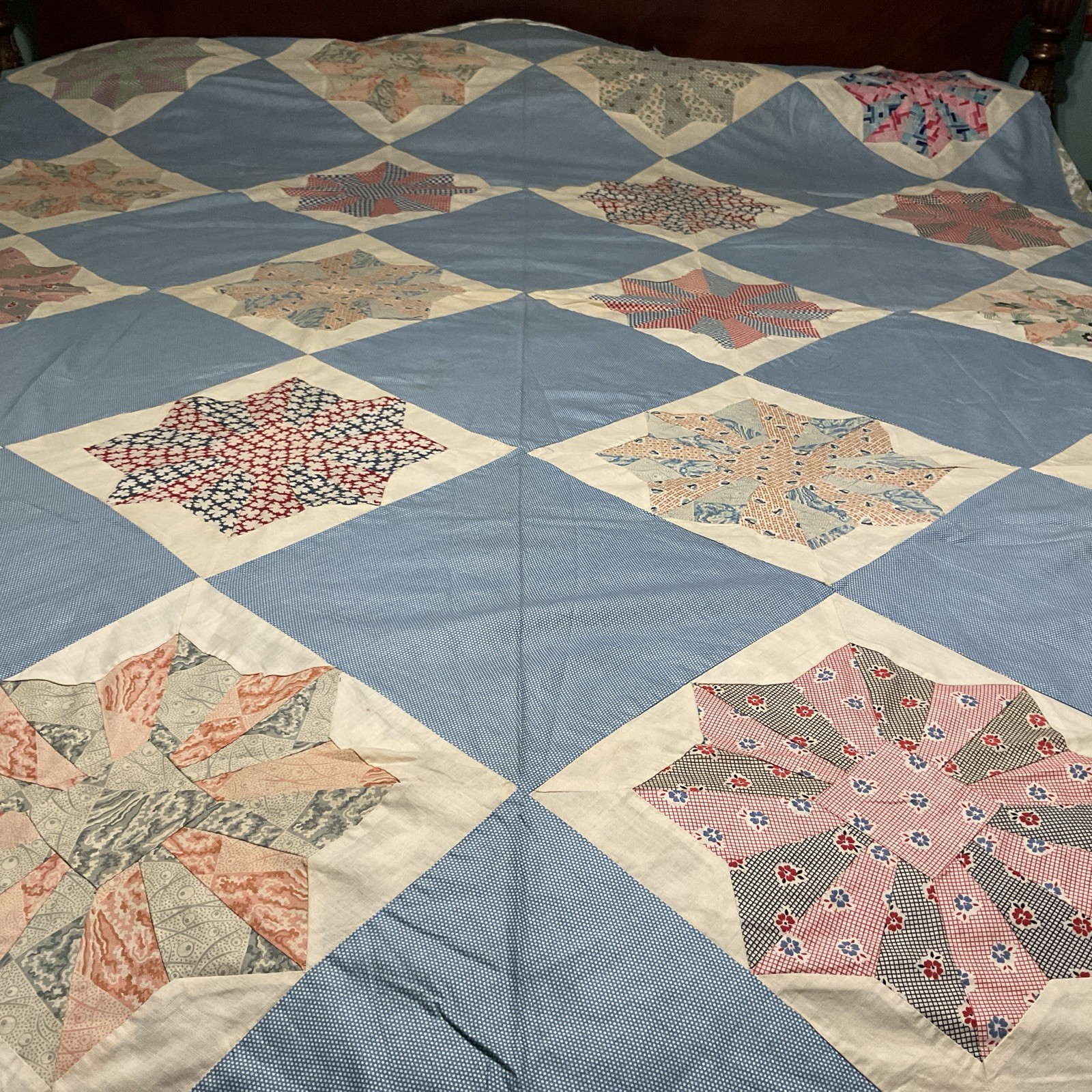 Handmade 8 Point Star Unfinished Quilt Top 68”x 86”Machine &  Hand Stitched