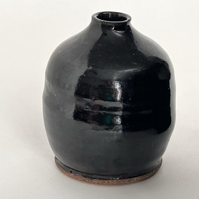 Earthy Rustic Black Art Pottery Ceramic Pot Vase Rounded Narrow Rim Signed AC 5 