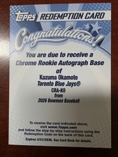 Topps 2026 Bowman Kazuma Okamoto Blue Jays Chrome RC Auto Base Redemption