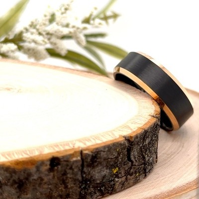 Brushed Polished Edge Christmas Gifts Band 8mm Rose Gold & Black Tungsten Ring