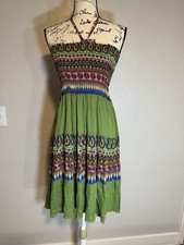 Womens Boho Smocked Halter Dress Size Small Cream Paisley Tiered Festival Summer