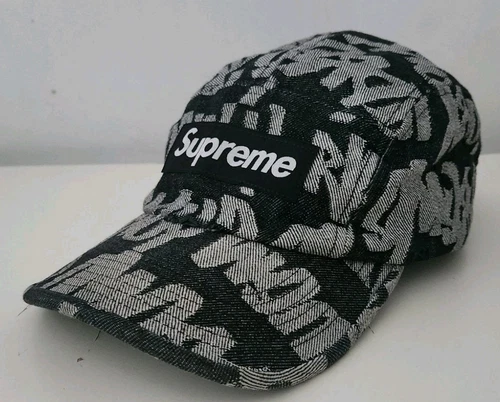 SS22 Supreme Fat Tip Jacquard Denim Camp Cap Black hat