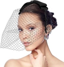 Birdcage Veil Black Mesh Bow Funeral Veil Headband with Rhinestones