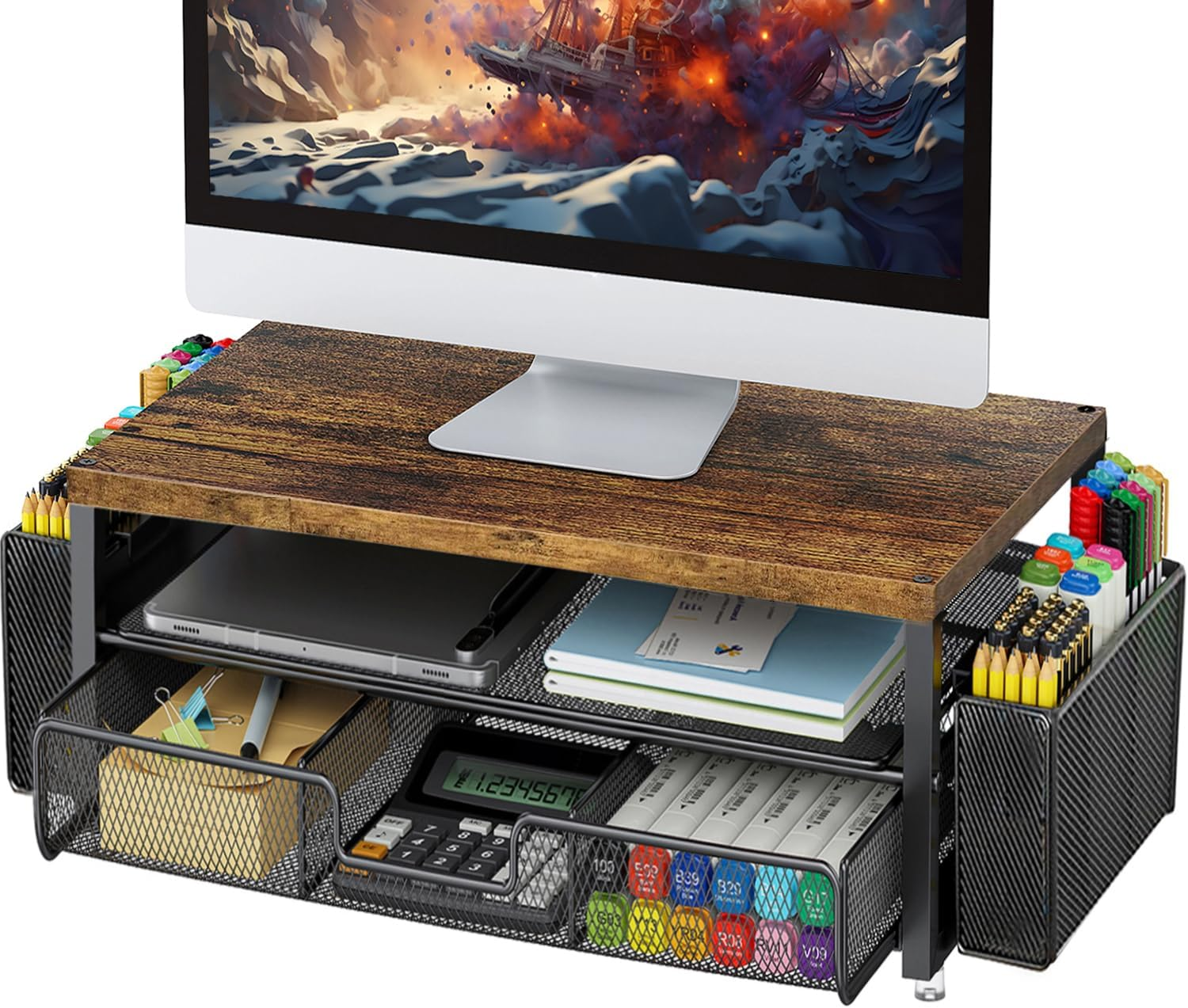 2-Tier Monitor Stand Riser with Drawer and Pen Holder - Space-Saving Desk Organizer-image