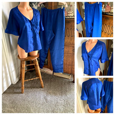 VTG 70'S WENDY ANN ROYAL BLUE JACQUARD SATIN SHEER CHIFFON TRIM PAJAMAS SZ S