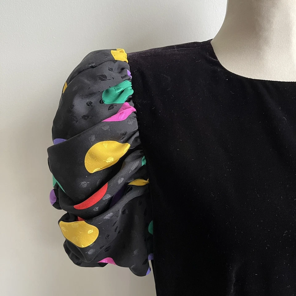 Vintage Saks Fifth Avenue Velvet Silk Polka Dot Drop Waist Party Dress Bow 10 - Image 4 of 4