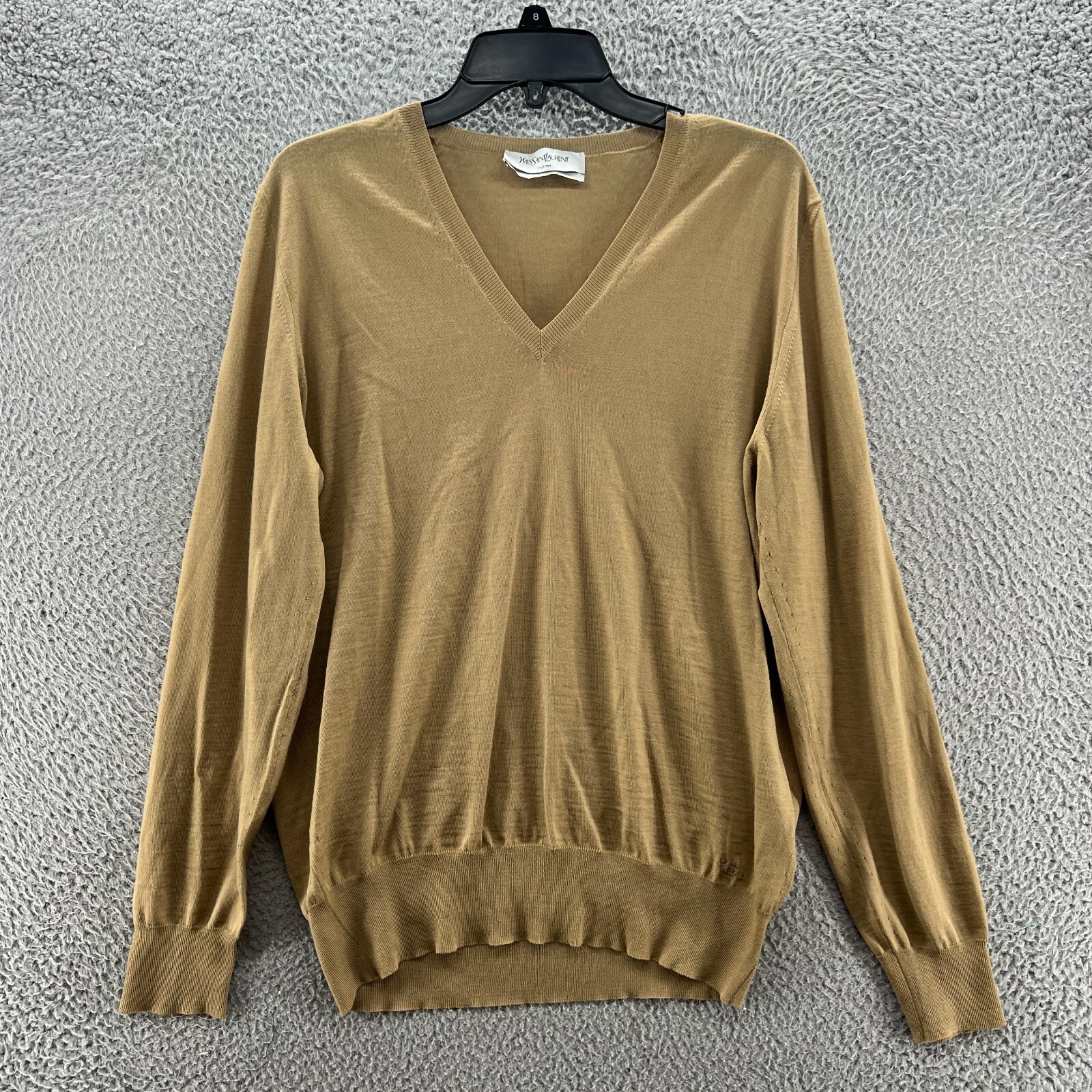 Maglione Vintage Yves Saint Laurent Uomo Beige Medio Collo a V Lana Cachi