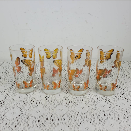Vintage MCM Mid Mod 1970s 22K Gold Butterfly Tumbler Drinking Glasses Set of 4 - Picture 7 of 8