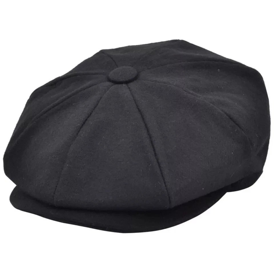 ROYAL STALLION Black 8 Panel Woolmix Peaky Blinders Newsboy Bakerboy Plain Flat Cap 52 -61cm