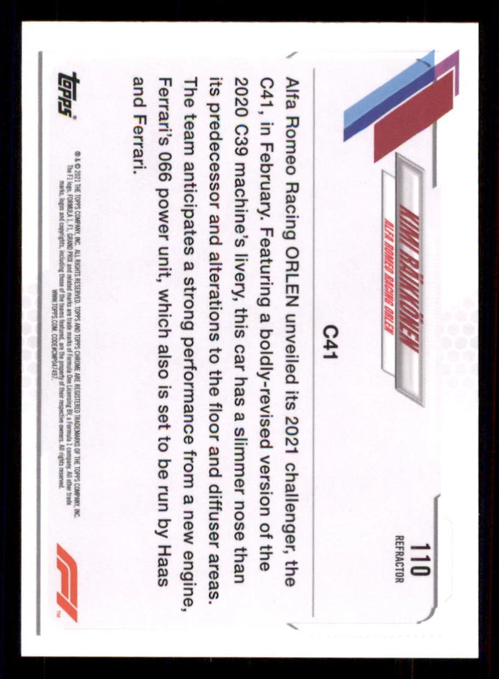 2021 Topps Chrome Formula 1 Refractors #110 Kimi Raikkonen/F1 Cars - Image 2 of 2