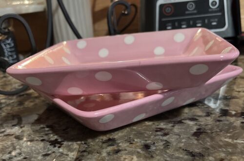 Set Of 2 pampered chef 7.25 square plates Pink with White Polka Dots #5415 Snack - Picture 4 of 7