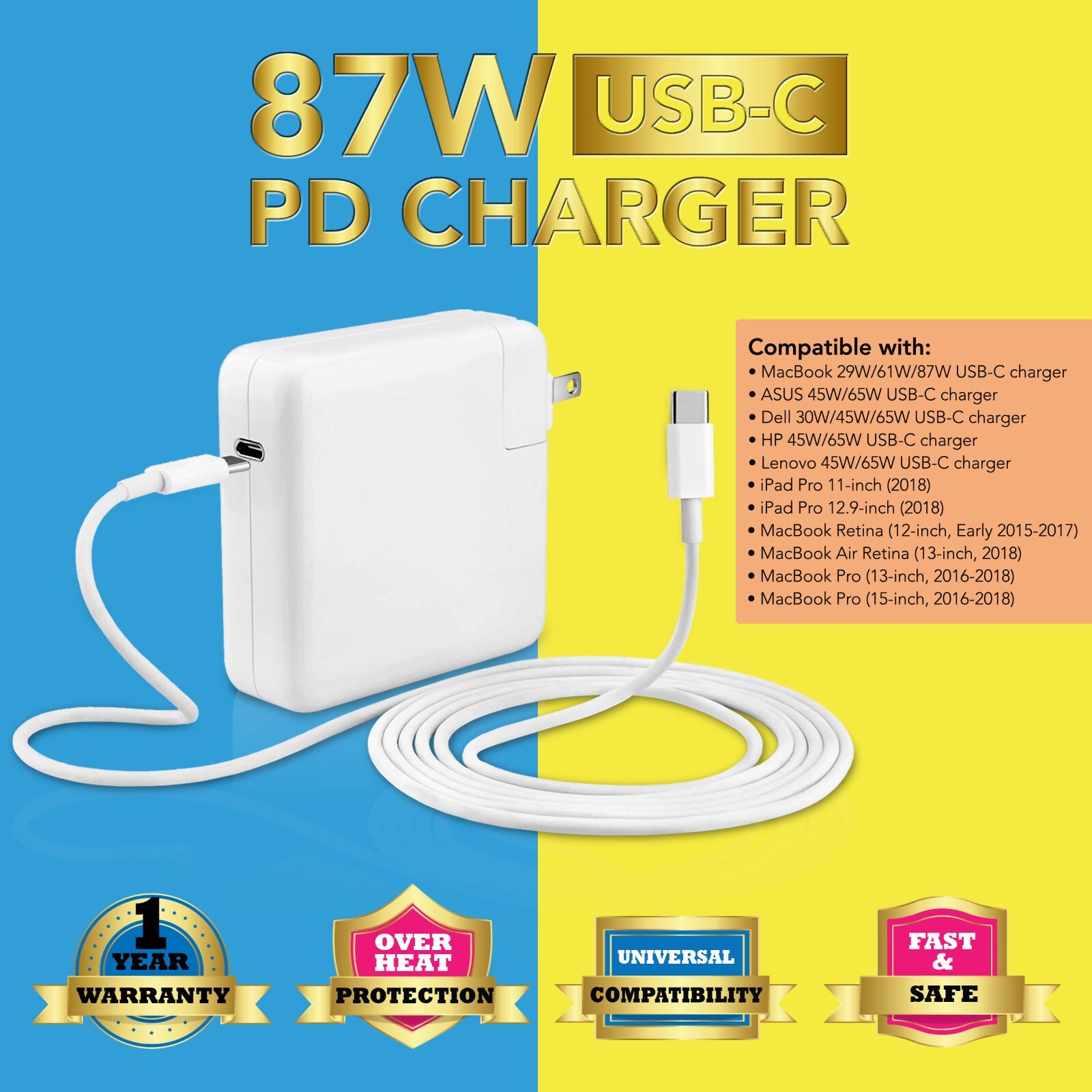87W USB C Power Adapter Mac Book Pro Charger For MacBook Pro 13" 15" After 2016