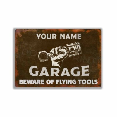 Personalized Beware of Flying Tools Vintage Rustic Brown Garage Sign or Sticker