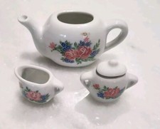 Mini Doll Bone China Tea Pot, Creamer  Sugar AGGLO Pink Bouquet On White