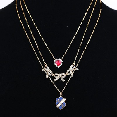 Juicy Couture Red Heart Bow Blue Shield Three Layered Necklace Chain/No Packing