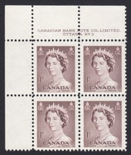 QUEEN ELIZABETH II, KARSH PORTRAIT = Canada 1953 #325 MNH UL Block of 4 Plate #3