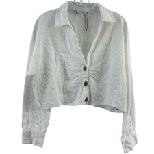 Zara White Cropped Eyelet Button-Up Cotton Bl...
