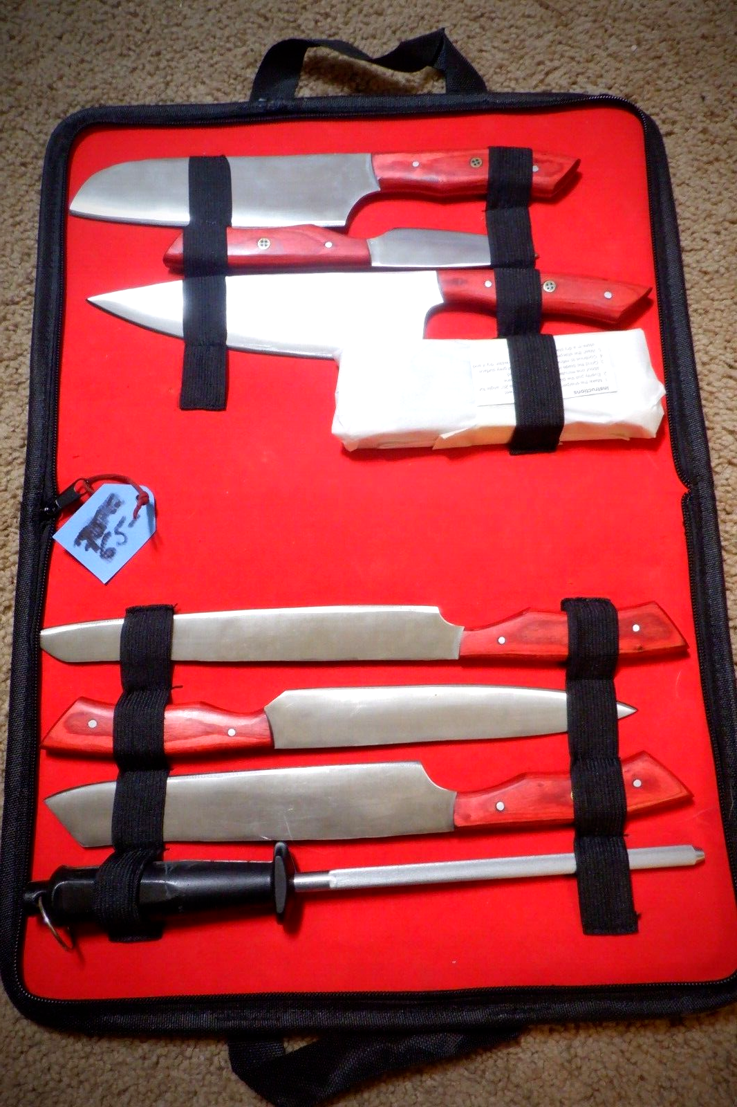 J2 steel knife set. 6 knifes,1 stone,1 steel & soft carry case cover, large set.