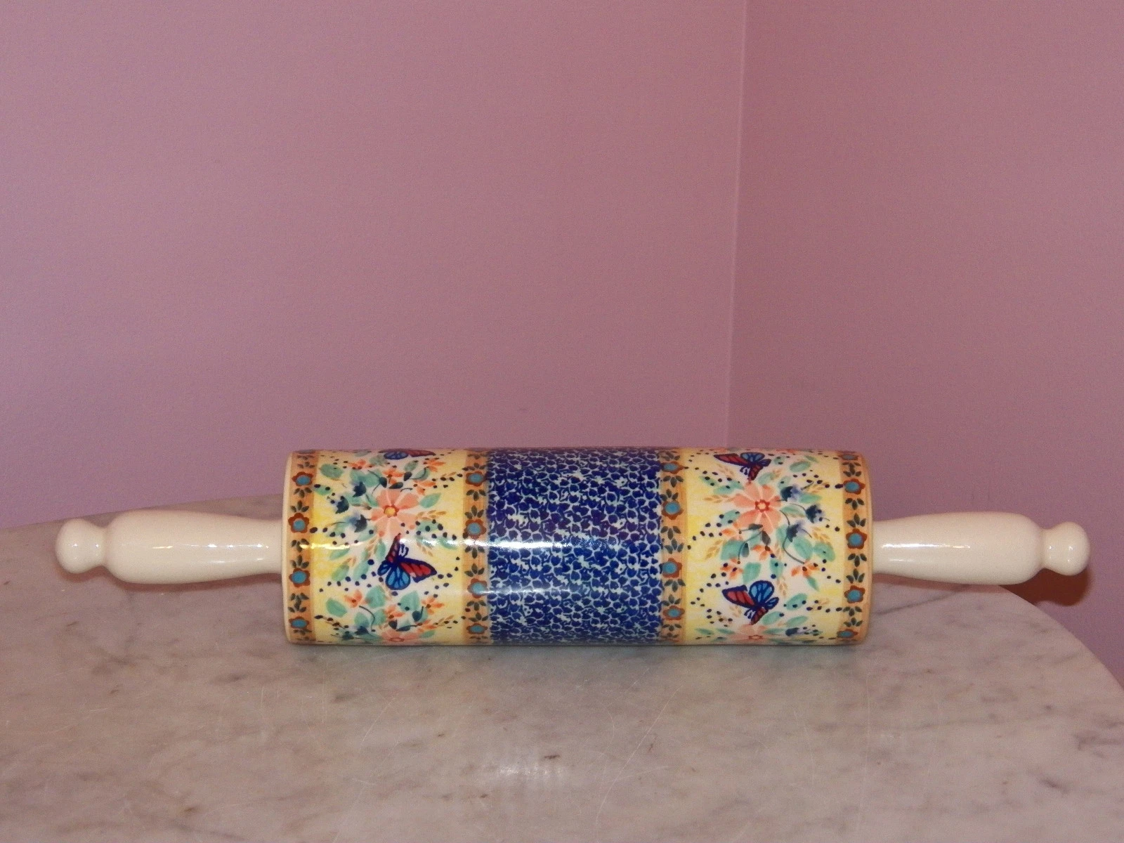 Polish Pottery Rolling Pin! UNIKAT Signature Butterfly Summer Pattern!