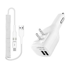 2-in-1 Car Home Charger Coiled USB Cable Micro-USB to USB-C for Cell Phones