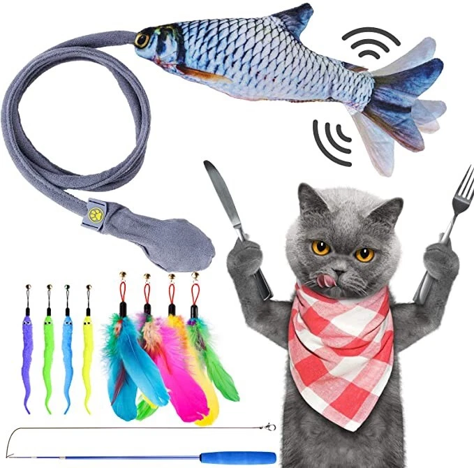 CHOOBY Interactive Catnip Cat Teaser Fish Toys, 8 Pcs Bird Feathers Worms Bells