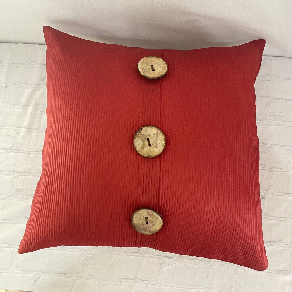 Thro by Marlo Martha Red Linen Feather-Filled Throw Pillow Wooden Button - Image 3 of 4