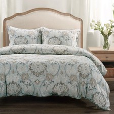 Dahlia Linen Blend Powder Blue Floral Queen 3 Pc Comforter Bedding Set