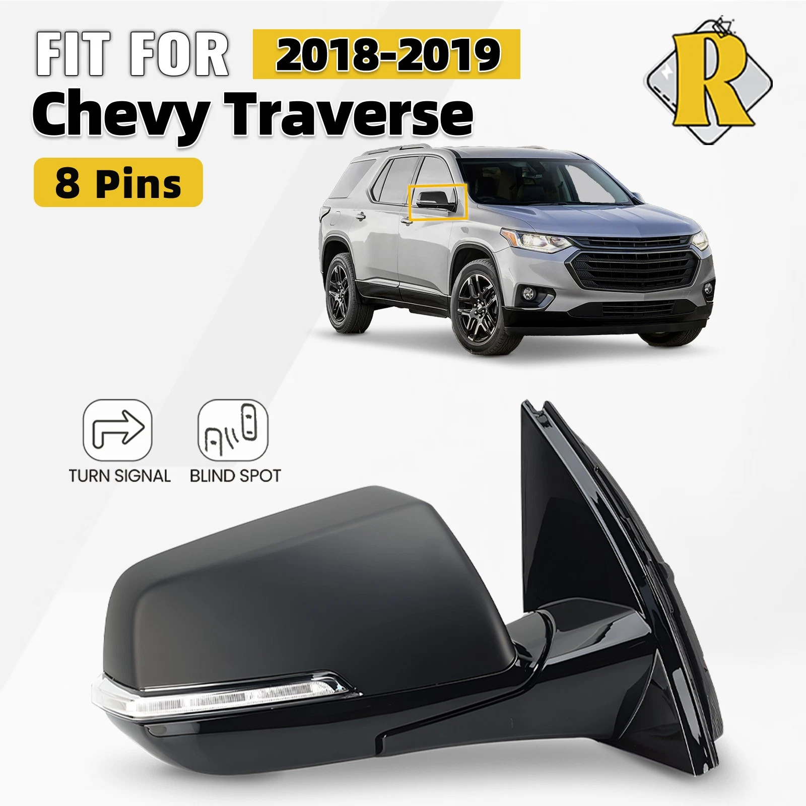 For 2018 2019 Chevy Traverse Side Mirror W/ Blind Spot & Turn Signal Right 8 Pin