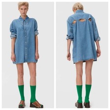 GANNI Denim Shirt Dress Cutout Back Oversized Blue Button Up Collared