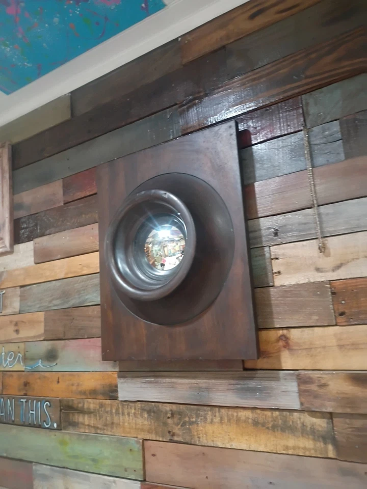Espejo ojo de buey convexo de madera Global View marco de madera pesado colgante de pared ojo de pez Foto 4 de 4