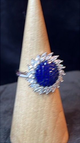 Simulated White & Blue Diamond Sunburst Ring in Rhodium / Sterling Silver 7 - Picture 2 of 8