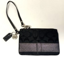 Vintage Coach Wristlet 40028 Optic C Black Fabric Strip Leather Strap Charm Tag