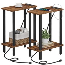 Narrow Side Table Set of 2, Small End Table with Charging Station
