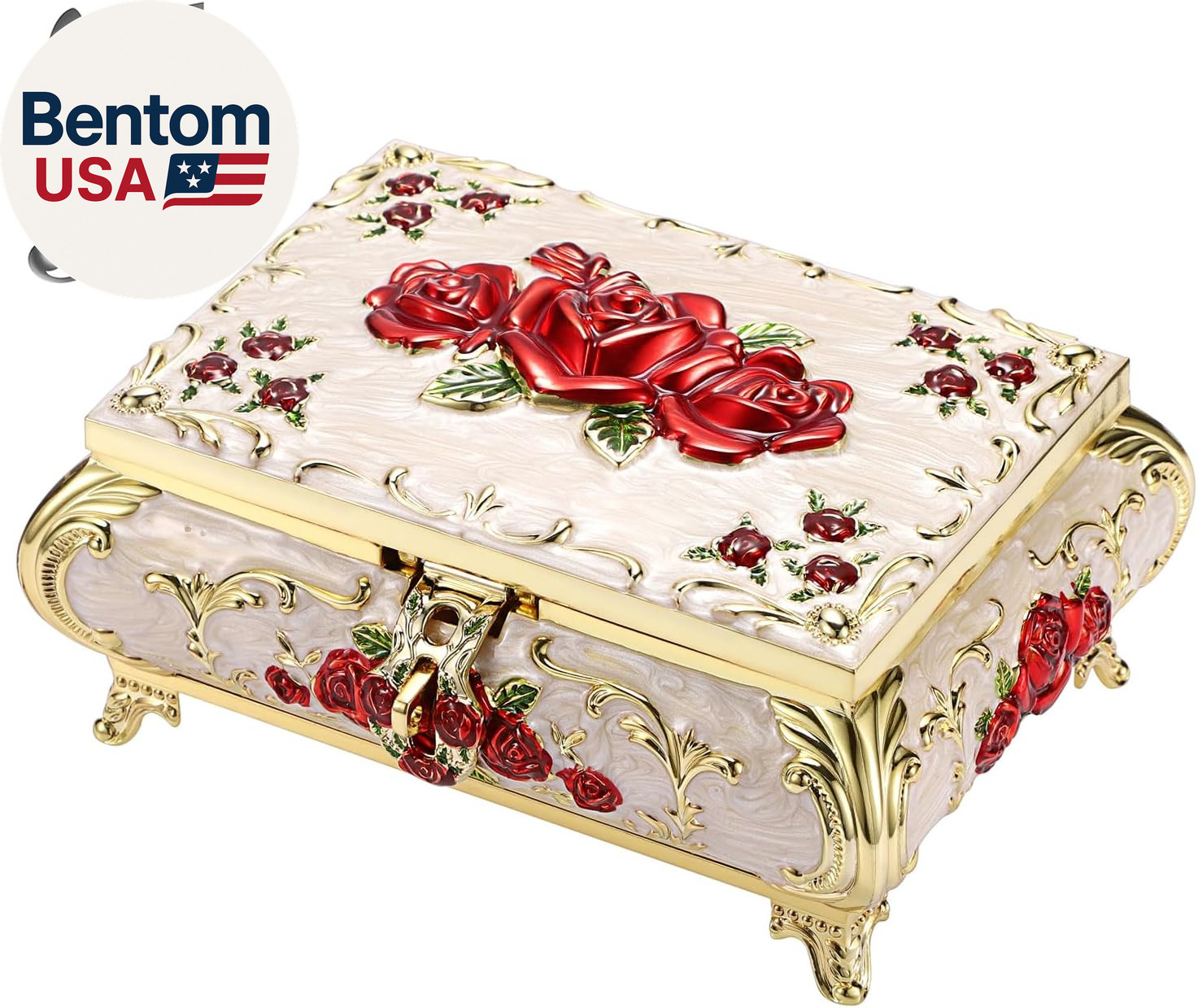 Vintage Music Box, Beige Metal Musical Jewelry Box Keepsake Box, Small Trinket J