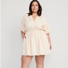 OLD NAVY Waist Defined Puff Sleeve Mini Dress Cooling Oasis Gauze Cream {BB13}