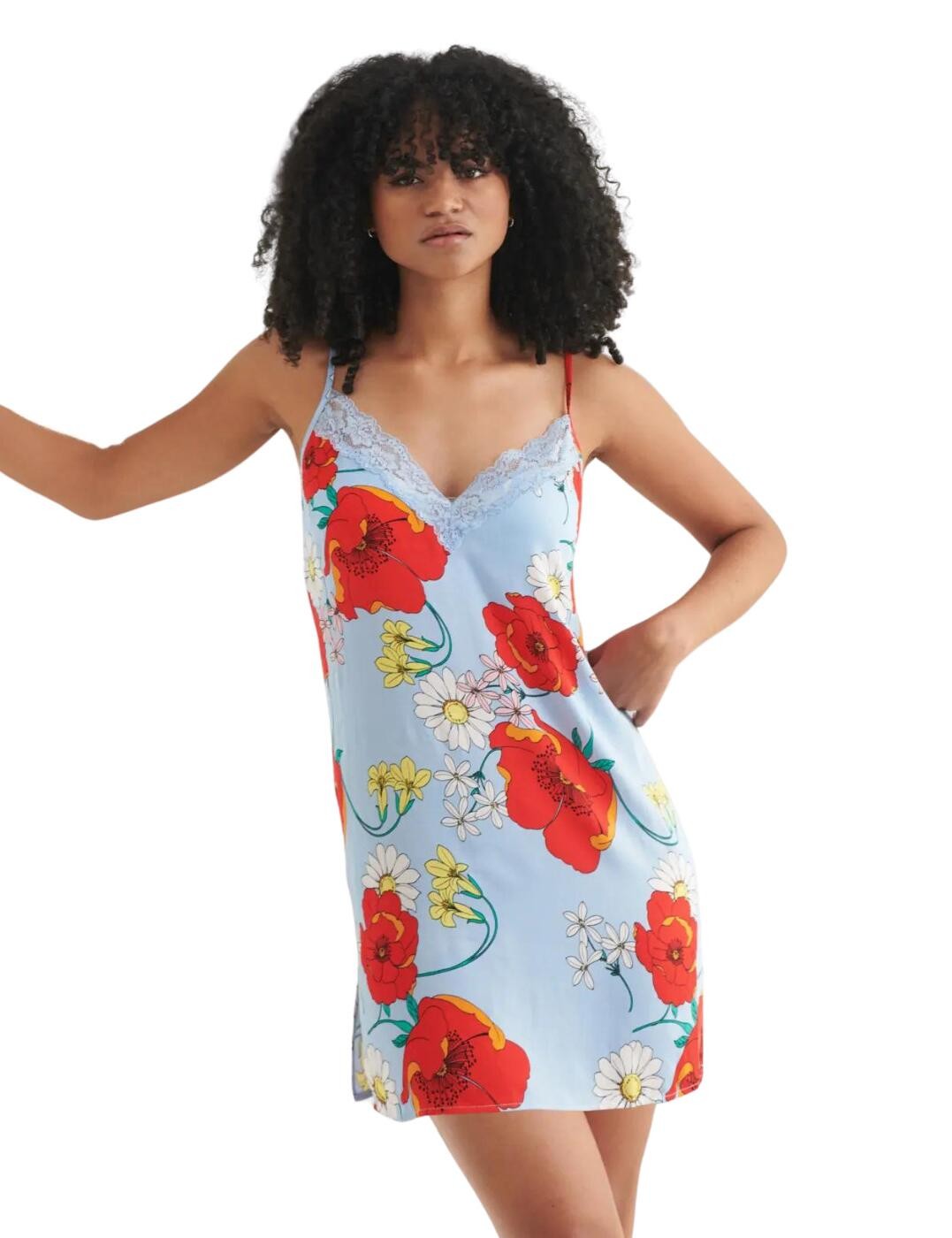 Pour Moi Luxe Woven Chemise Nightdress 23121 Womens Nightwear Blue Poppy