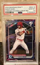 DANE NORI 2024 BOWMAN DRAFT CHROME #BDC-16 FUCHISA LUNAR REFRACTOR /199 PSA 10 