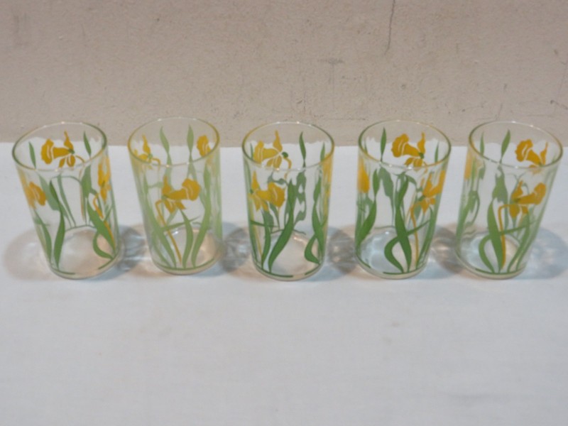 Vintage 1940s-50s Swanky Swigs Glasses Posy Pattern Jonquil, Set of 5, Lot #1