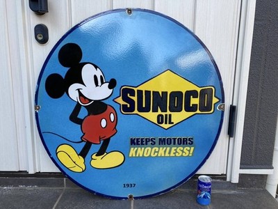 Vintage Sunoco Oil Sign Mickey Mouse 1937 Style Enamel Metal 30Inch Garage Decor