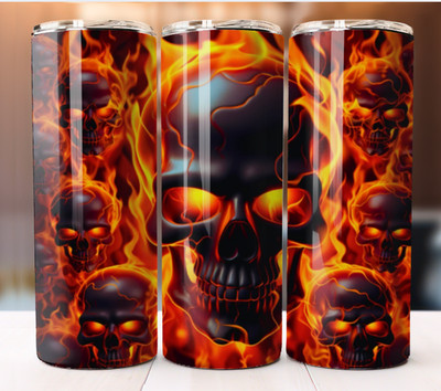 Fire Skull 3D Flaming Tumbler 20oz Skinny Cup Mug Stainless Steel Personalize