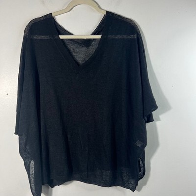 Womens Acrobat V Neck Boxy Lagenlook Knit Linen Tunic Short Sleeve Black M/L