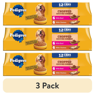 (3 Pack ) Pedigree Chopped Ground Dinner Wet Dog Food Chicken Beef 36 Cans